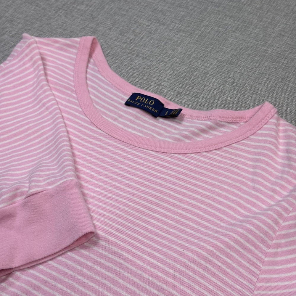 Polo Ralph Lauren T-Shirt Womens Large Pink Striped 3/4 Sleeve Embroidered Pony